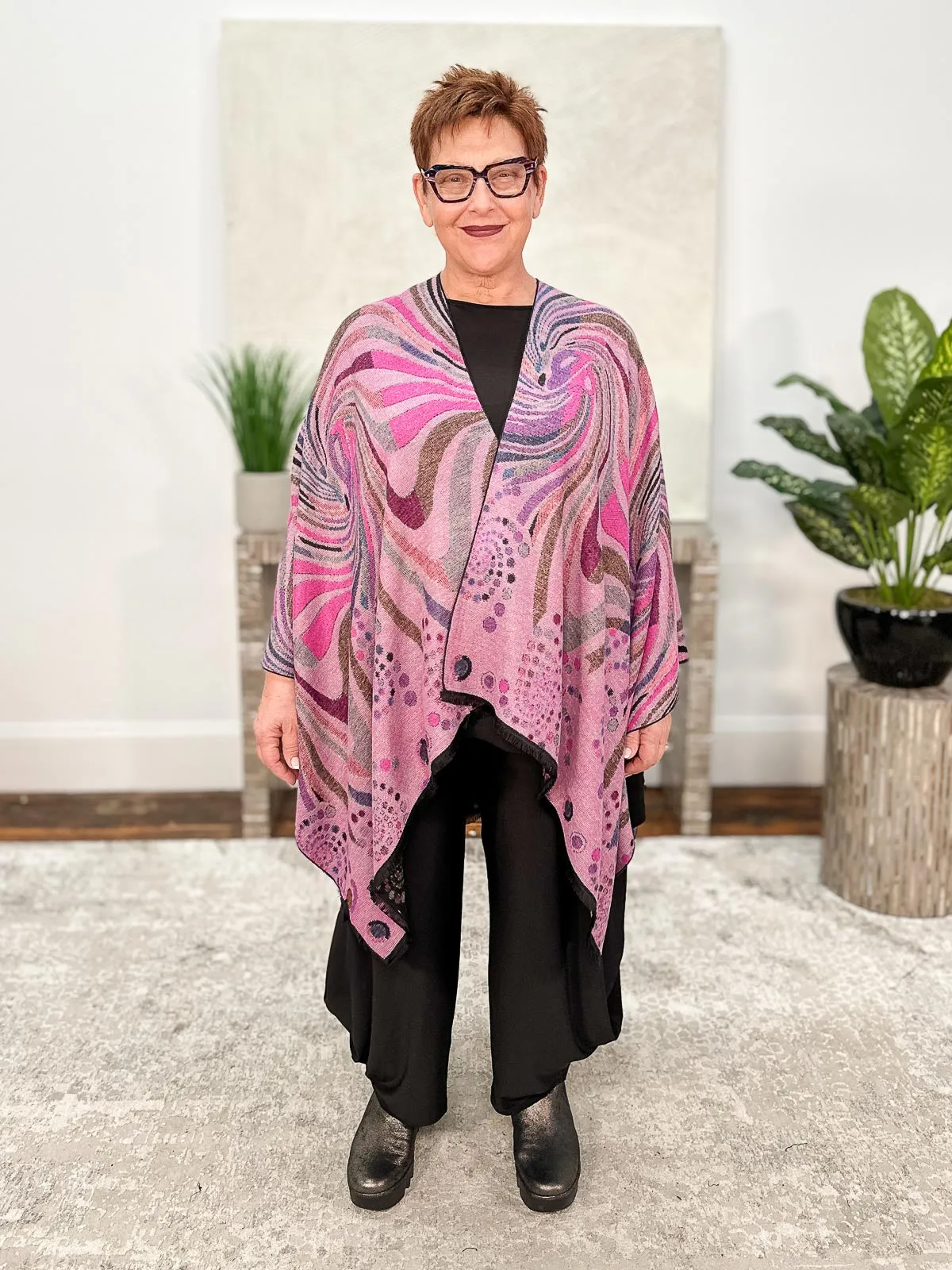 Cashmere Reversible Ruana, Swirls Black Multi