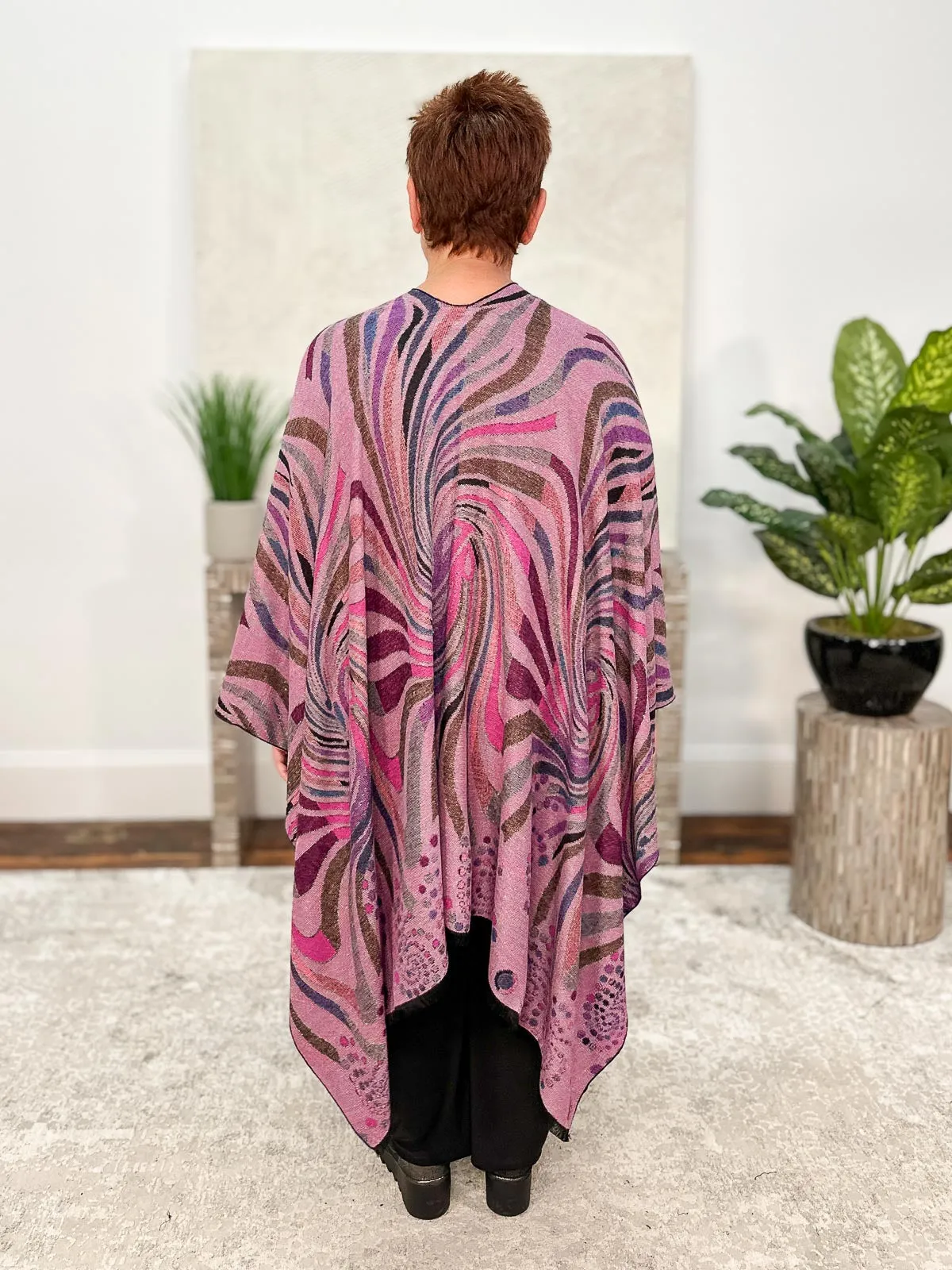 Cashmere Reversible Ruana, Swirls Black Multi