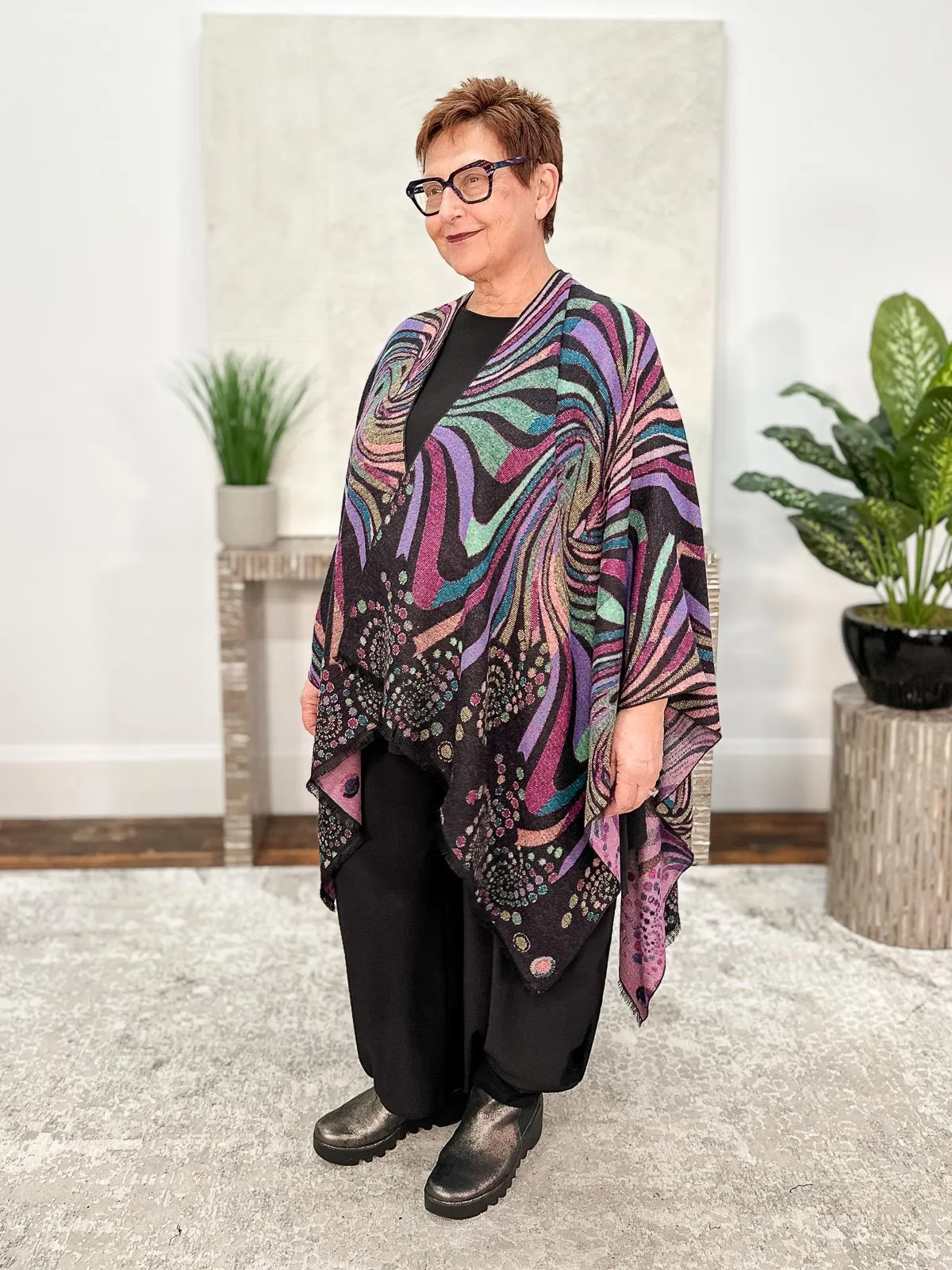 Cashmere Reversible Ruana, Swirls Black Multi