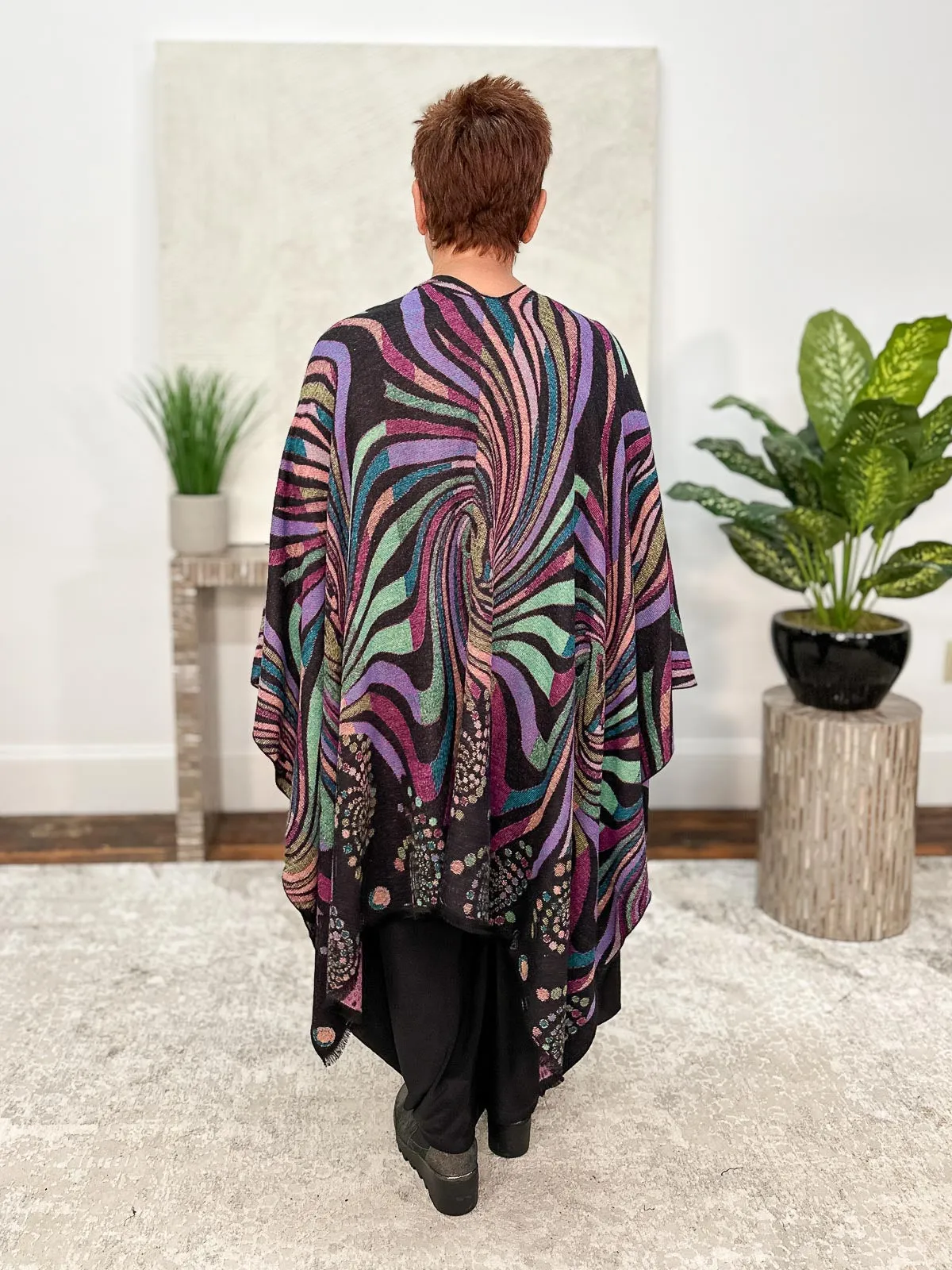 Cashmere Reversible Ruana, Swirls Black Multi