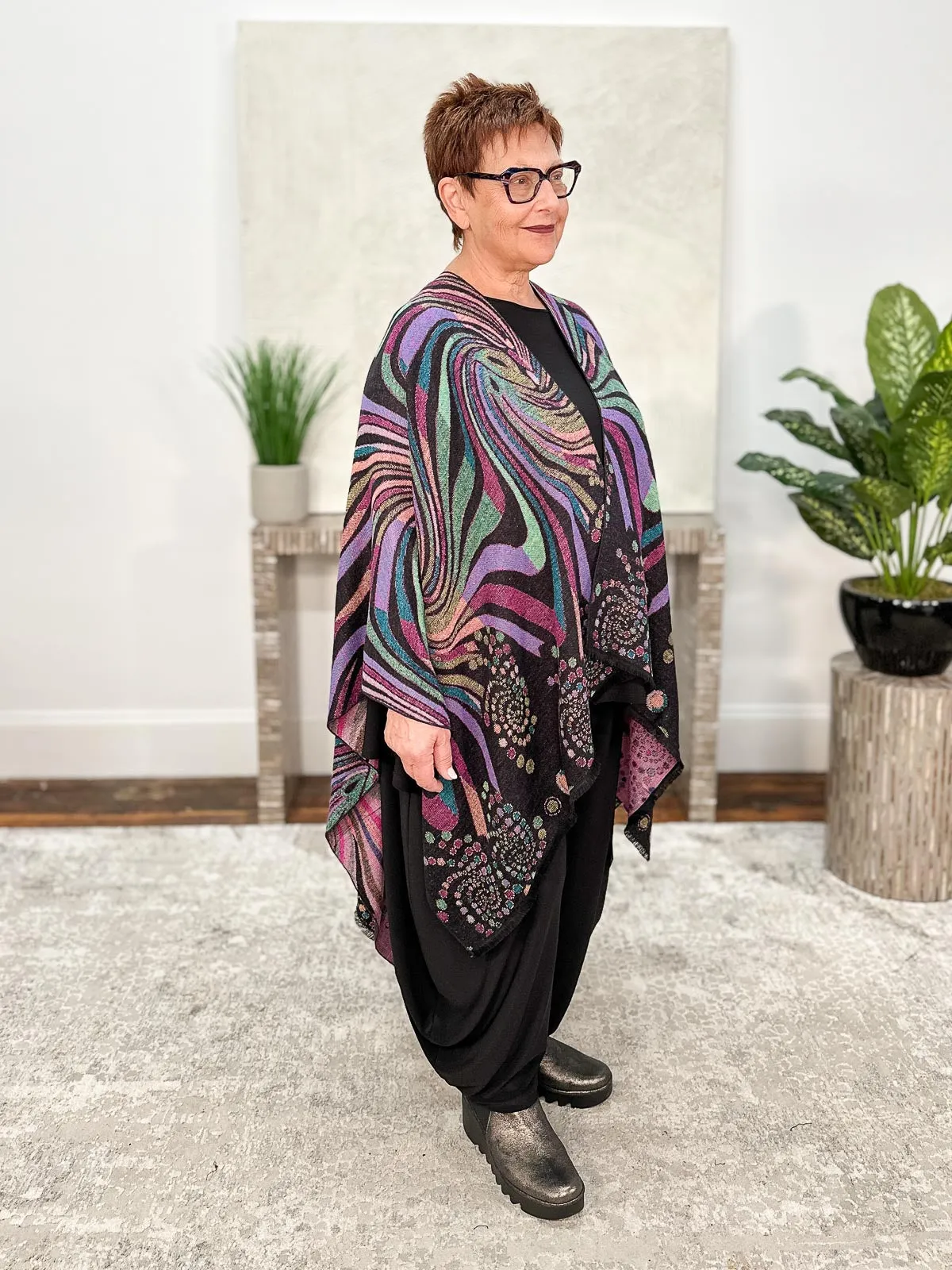 Cashmere Reversible Ruana, Swirls Black Multi
