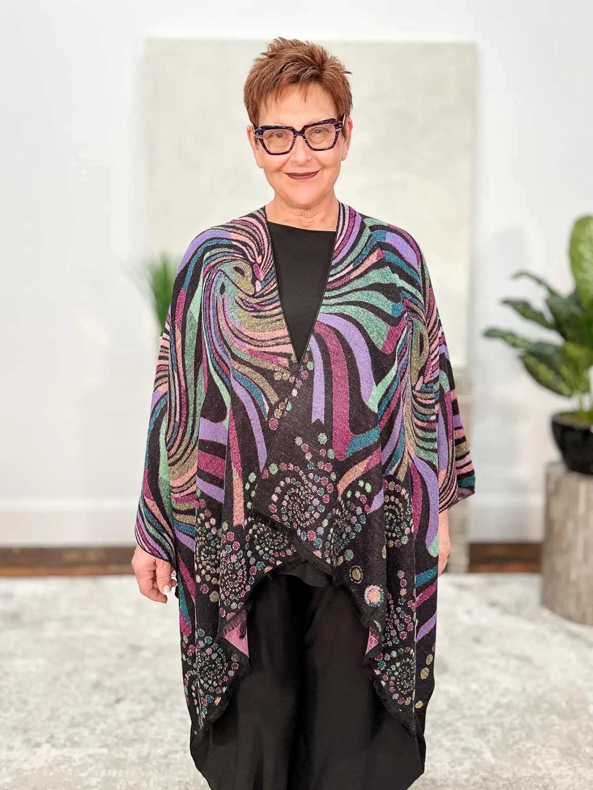 Cashmere Reversible Ruana, Swirls Black Multi