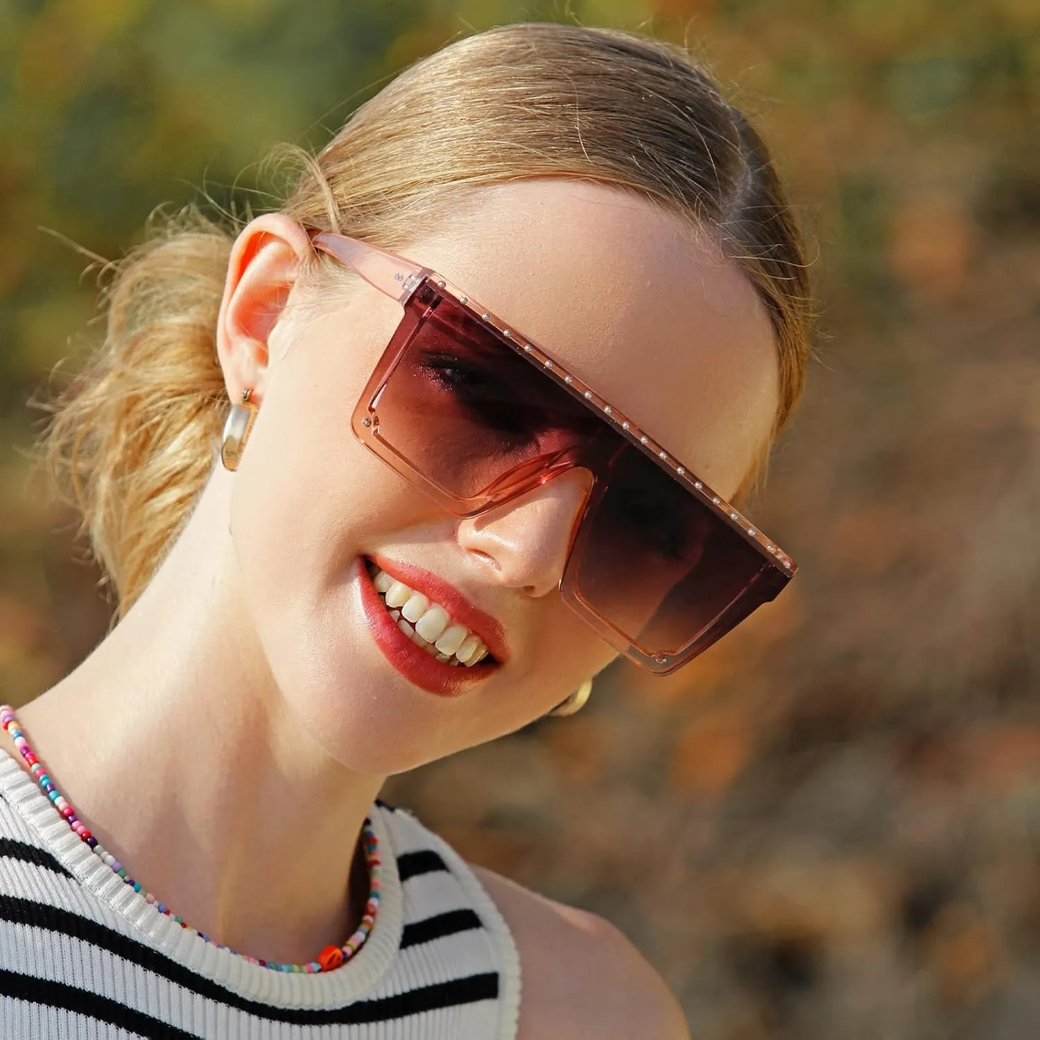 Dollger Square Oversized Rhinestone Sunglasses for Women Big Flat Top Rivet Fashion Large UV Protection Rimless Shades
