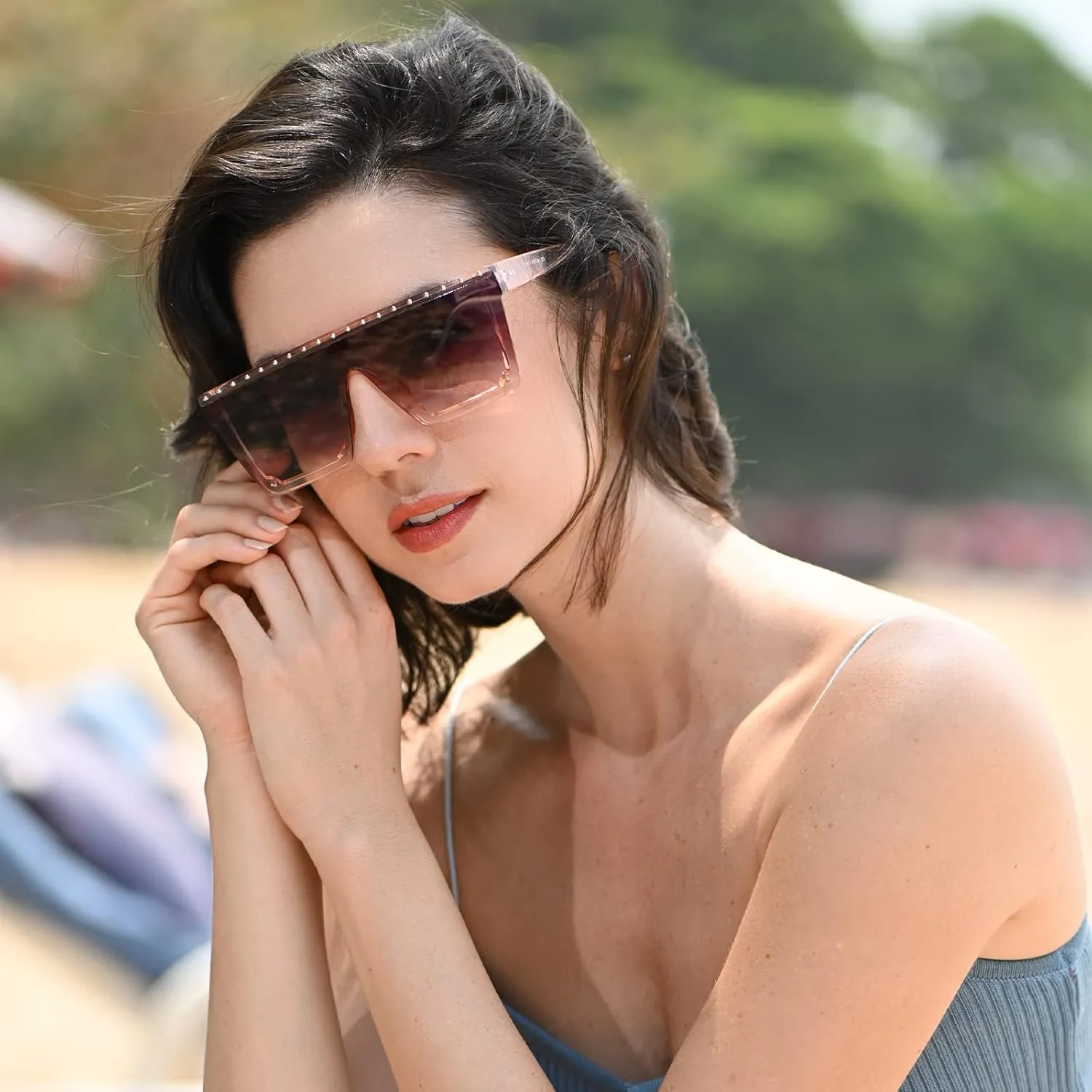 Dollger Square Oversized Rhinestone Sunglasses for Women Big Flat Top Rivet Fashion Large UV Protection Rimless Shades