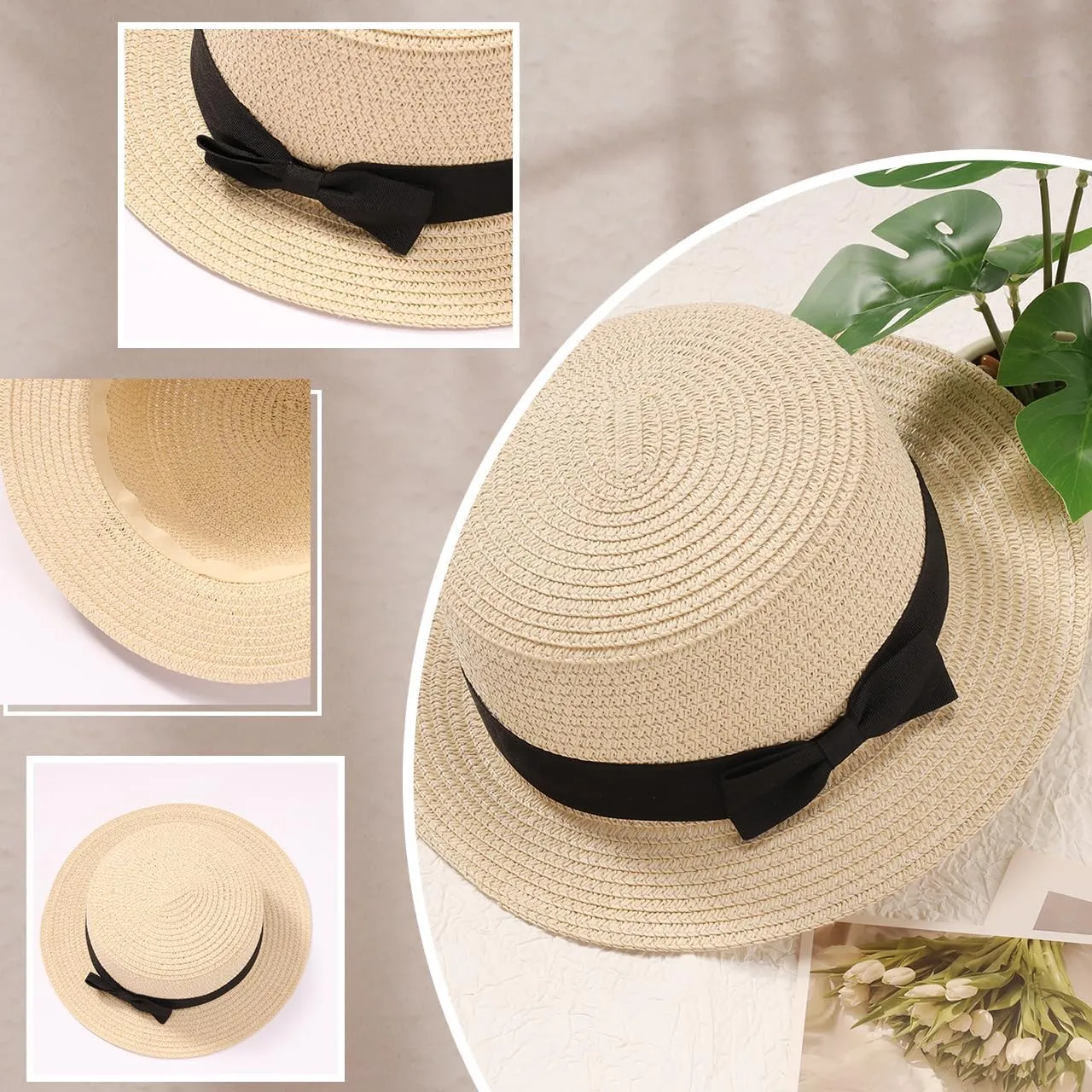 Eigso Womens Flat Top Beach Bucket Hat Summer Travel Outdoor Woven Mesh Sun Hat for Woman