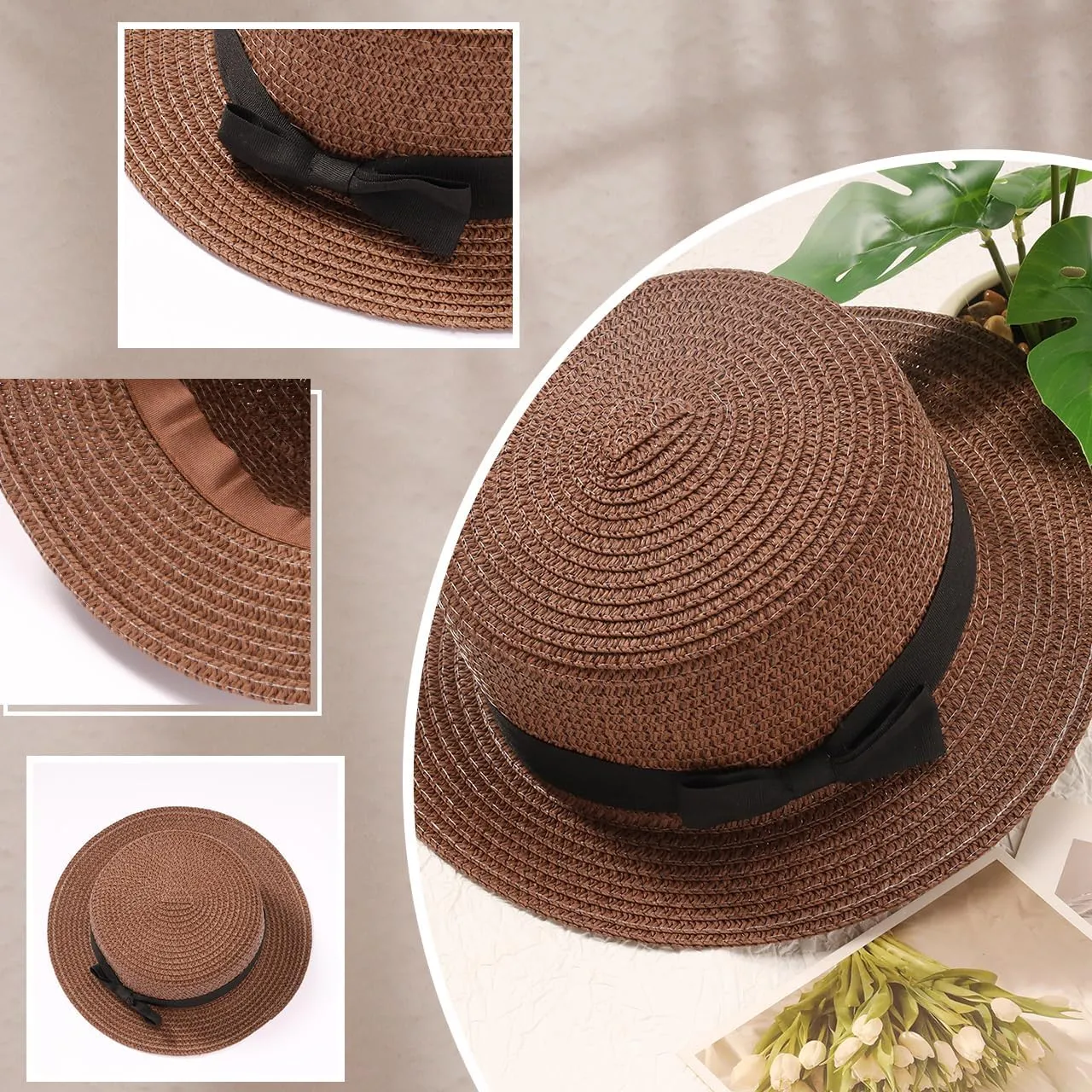 Eigso Womens Flat Top Beach Bucket Hat Summer Travel Outdoor Woven Mesh Sun Hat for Woman