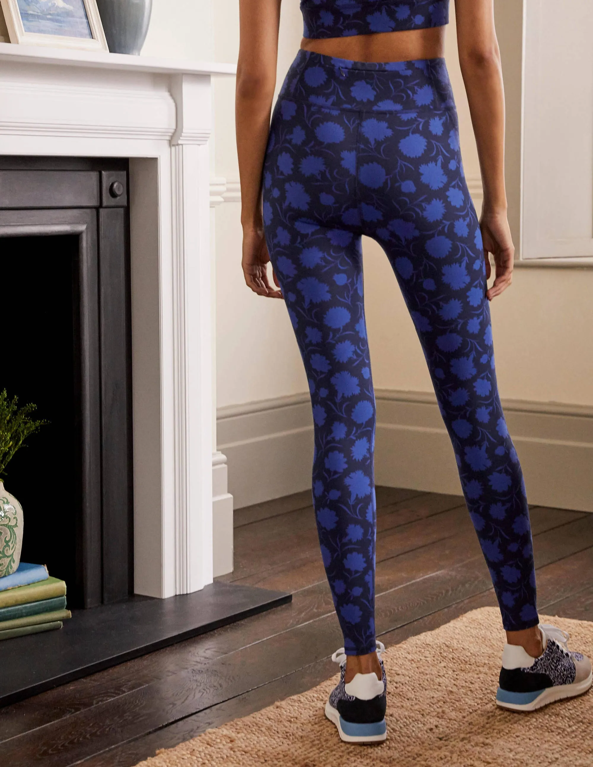 High Waisted Leggings-Persian Blue, Leafy Bud