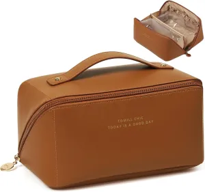 Makeup Bag for Women Large Capacity Cosmetic Bag Portable Travel Toiletry Bag Leather Waterproof Open Flat Toiletry Bag Make up Organizer Bag with Divider and Handle, A-Brown