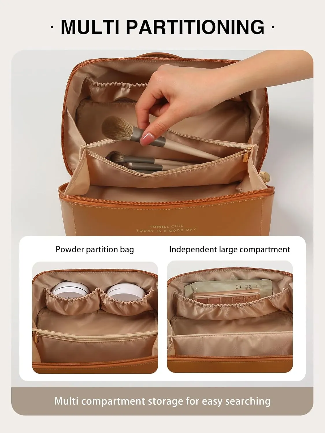 Makeup Bag for Women Large Capacity Cosmetic Bag Portable Travel Toiletry Bag Leather Waterproof Open Flat Toiletry Bag Make up Organizer Bag with Divider and Handle, A-Brown