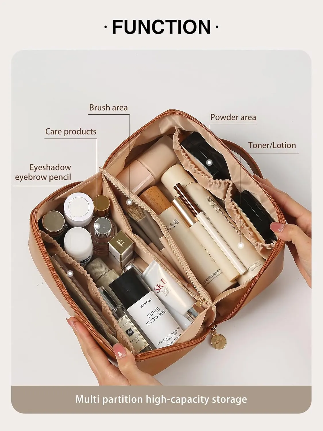 Makeup Bag for Women Large Capacity Cosmetic Bag Portable Travel Toiletry Bag Leather Waterproof Open Flat Toiletry Bag Make up Organizer Bag with Divider and Handle, A-Brown