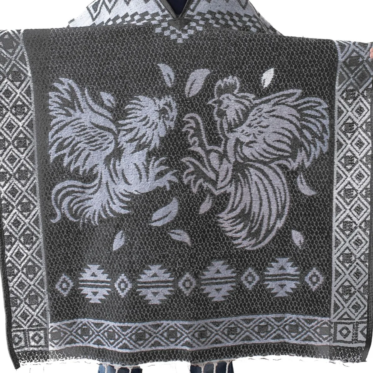 Mexican Alpaca Poncho for Men - Roosters Facing - GREY