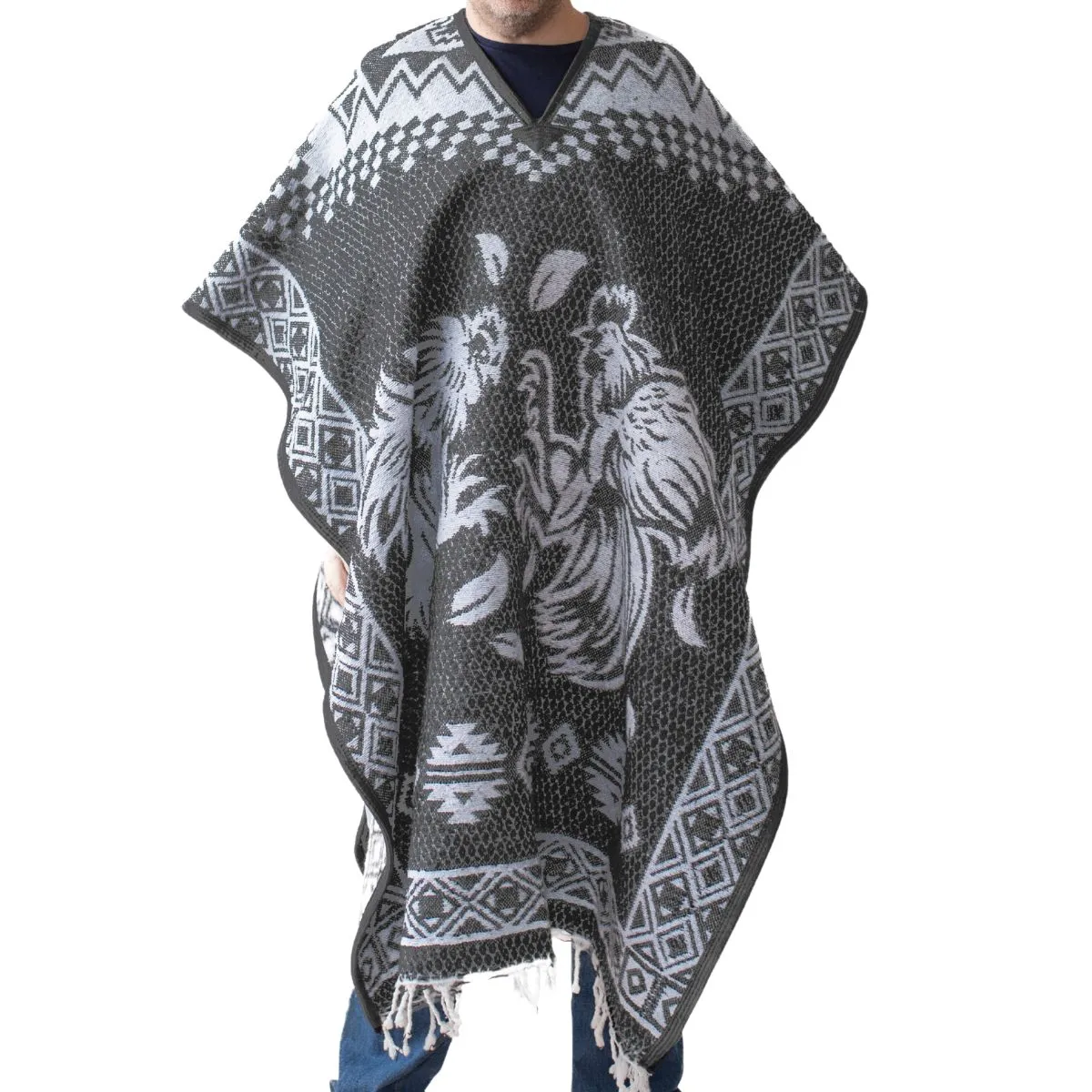 Mexican Alpaca Poncho for Men - Roosters Facing - GREY