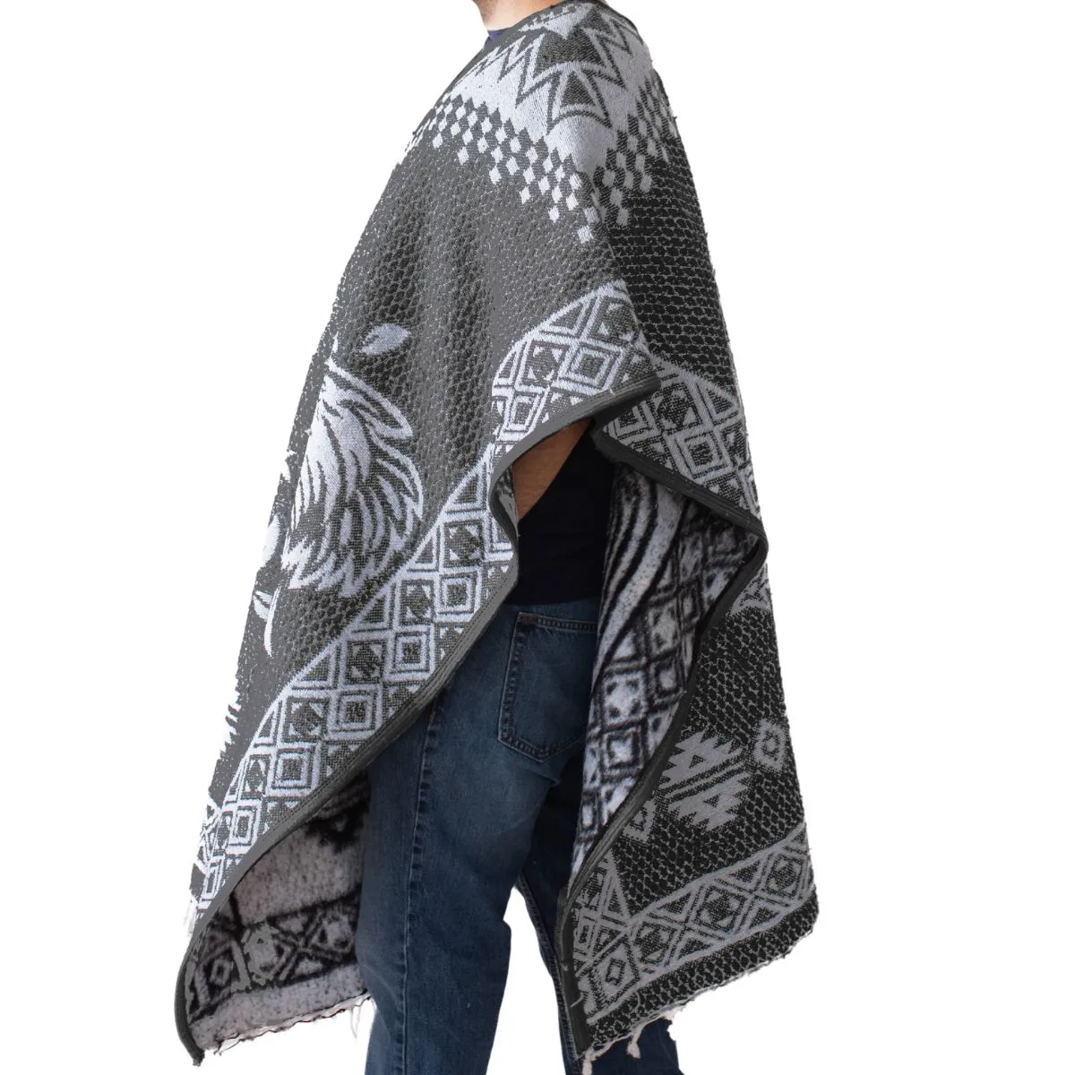 Mexican Alpaca Poncho for Men - Roosters Facing - GREY
