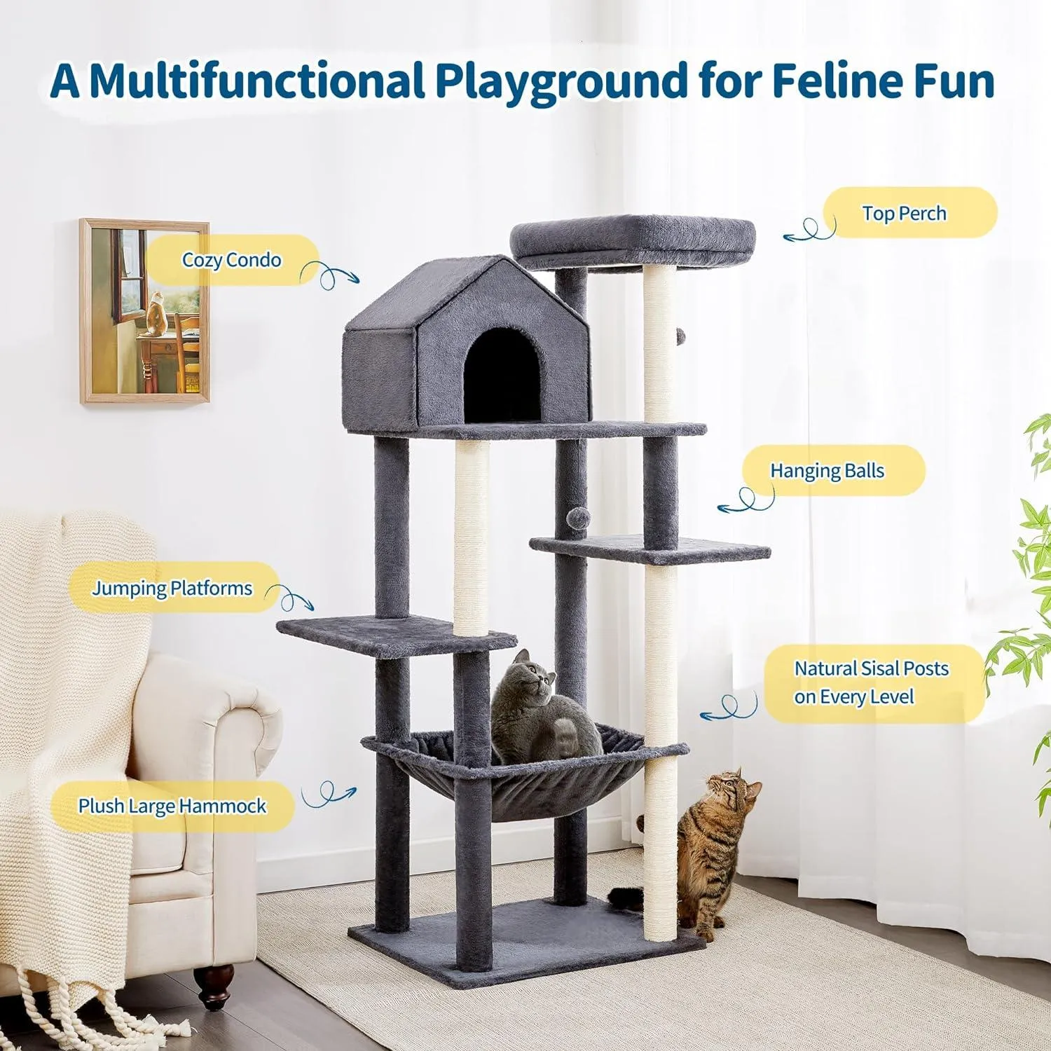 Multi-Level Cat Tree with Plush Hammock for Indoor Cats