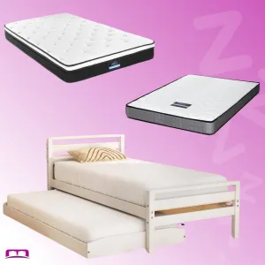 Single Package | Avis Wooden Trundle Bed Frame White, Bonita Pillow Top Mattress (Medium Firm) & Alessio Series Trundle Mattress (Medium Firm)