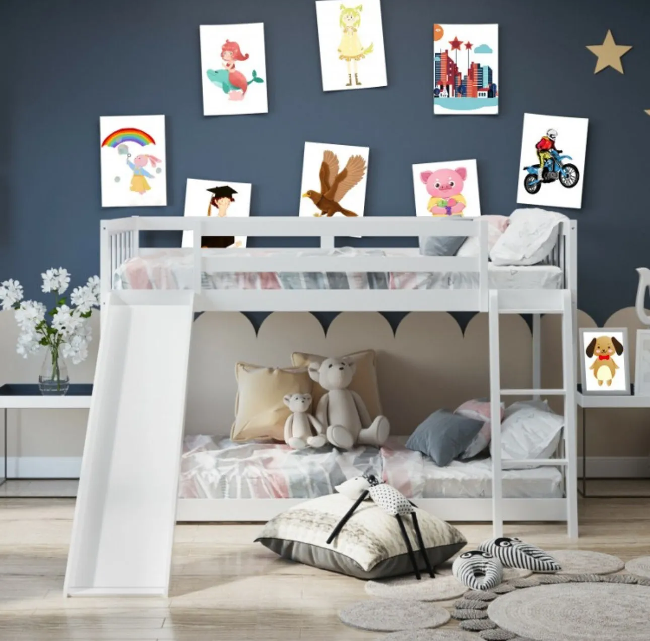 Very Elegant Heavy Duty Natural Pine Wood Twin Over Twin Bunk Bed Wooden Low Bed With Side Ladder For Children | Cool Slide