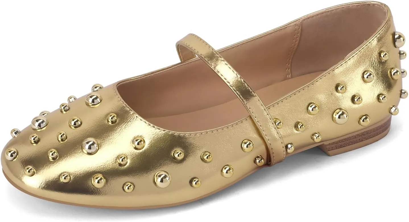 Women' Ballet Flats Round Toe Studded Wide Width Mary Jane Flats Casual Comfortable Ballerina Flats