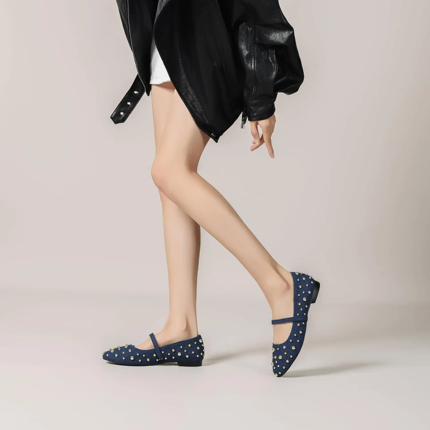 Women' Ballet Flats Round Toe Studded Wide Width Mary Jane Flats Casual Comfortable Ballerina Flats