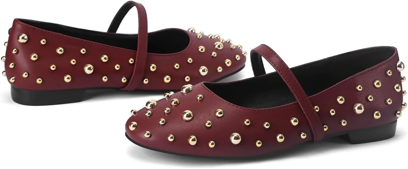Women' Ballet Flats Round Toe Studded Wide Width Mary Jane Flats Casual Comfortable Ballerina Flats