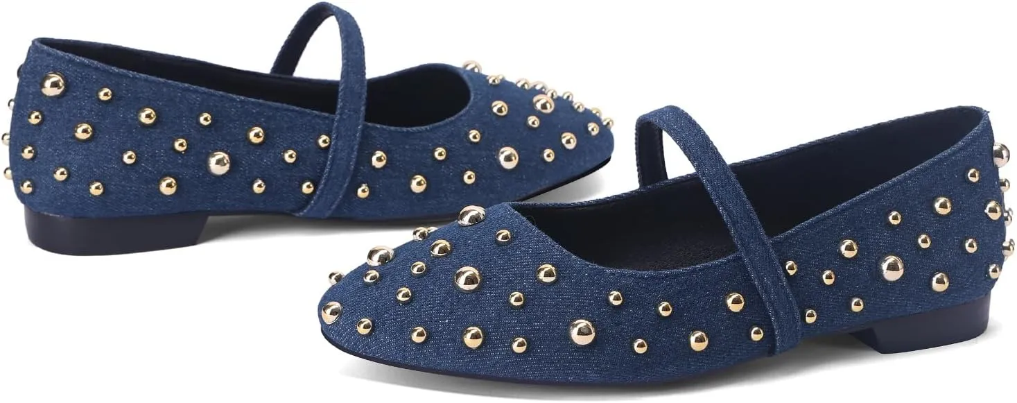 Women' Ballet Flats Round Toe Studded Wide Width Mary Jane Flats Casual Comfortable Ballerina Flats