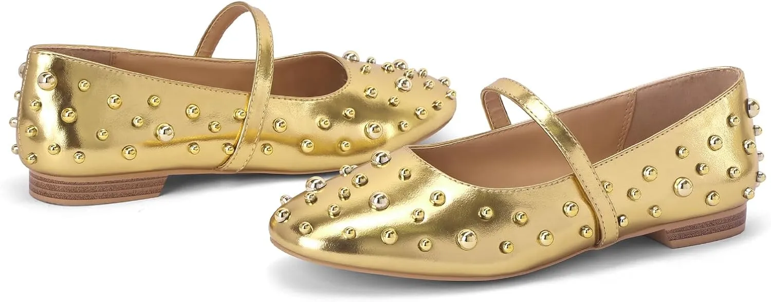 Women' Ballet Flats Round Toe Studded Wide Width Mary Jane Flats Casual Comfortable Ballerina Flats