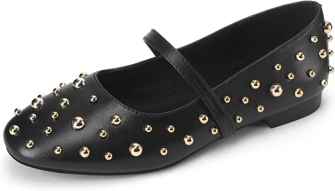 Women' Ballet Flats Round Toe Studded Wide Width Mary Jane Flats Casual Comfortable Ballerina Flats