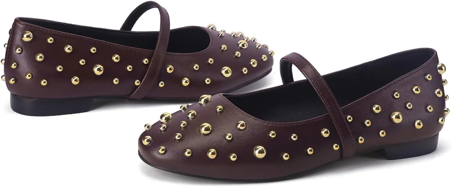 Women' Ballet Flats Round Toe Studded Wide Width Mary Jane Flats Casual Comfortable Ballerina Flats
