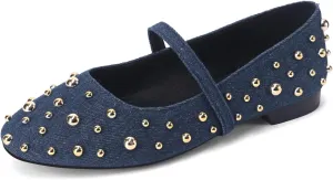 Women' Ballet Flats Round Toe Studded Wide Width Mary Jane Flats Casual Comfortable Ballerina Flats