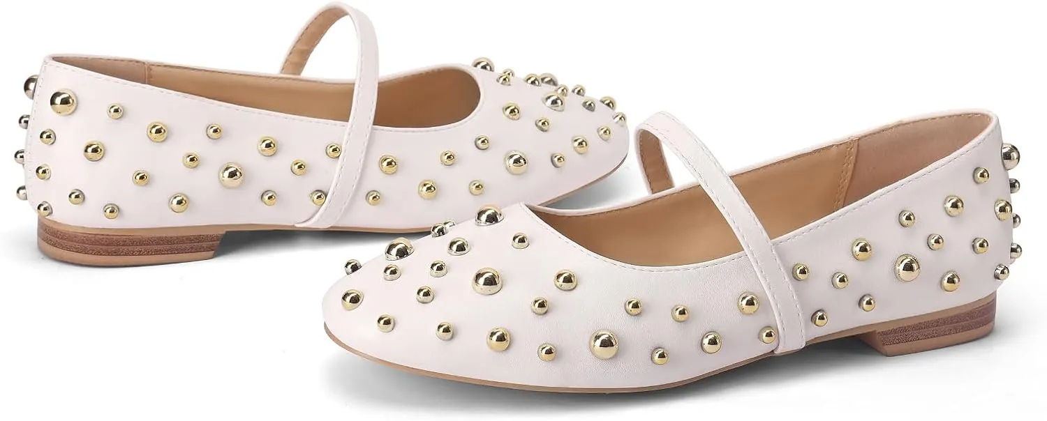 Women' Ballet Flats Round Toe Studded Wide Width Mary Jane Flats Casual Comfortable Ballerina Flats
