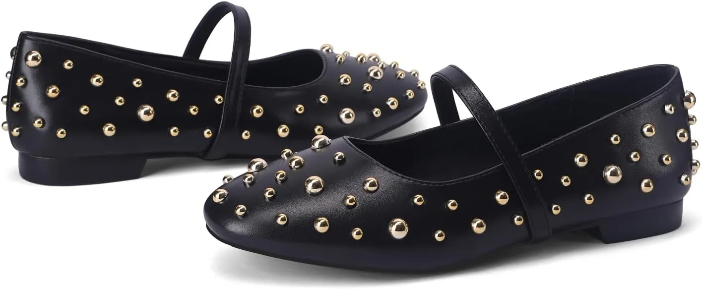 Women' Ballet Flats Round Toe Studded Wide Width Mary Jane Flats Casual Comfortable Ballerina Flats