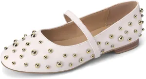 Women' Ballet Flats Round Toe Studded Wide Width Mary Jane Flats Casual Comfortable Ballerina Flats