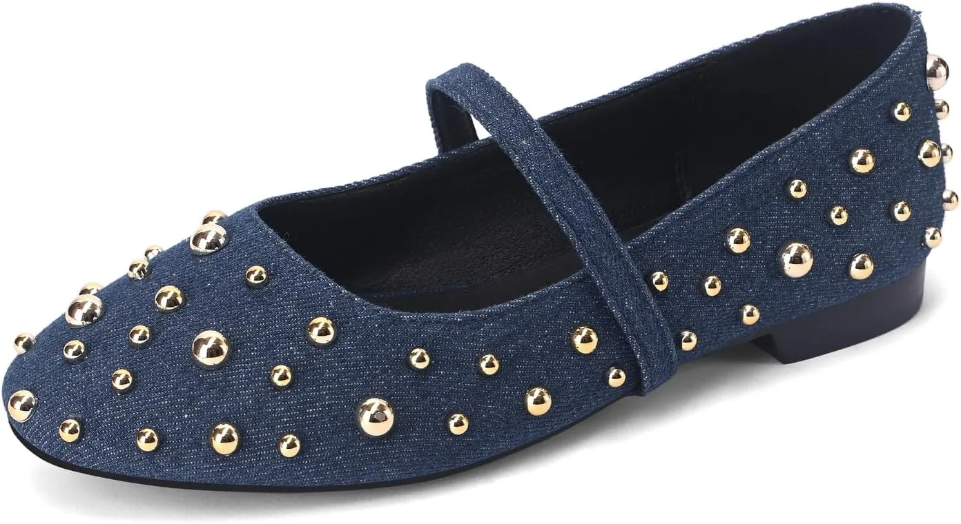 Women' Ballet Flats Round Toe Studded Wide Width Mary Jane Flats Casual Comfortable Ballerina Flats