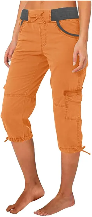 Womens Cargo Capris Pants Summer Casual Drawstring Low Waisted Hiking Jogger Outdoor Athletic 3/4 Trousers Pockets