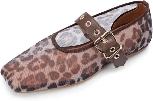 Women's Leopard Mesh Mary Jane Flats Buckle Strap Closed Square Toe Ballet Flats