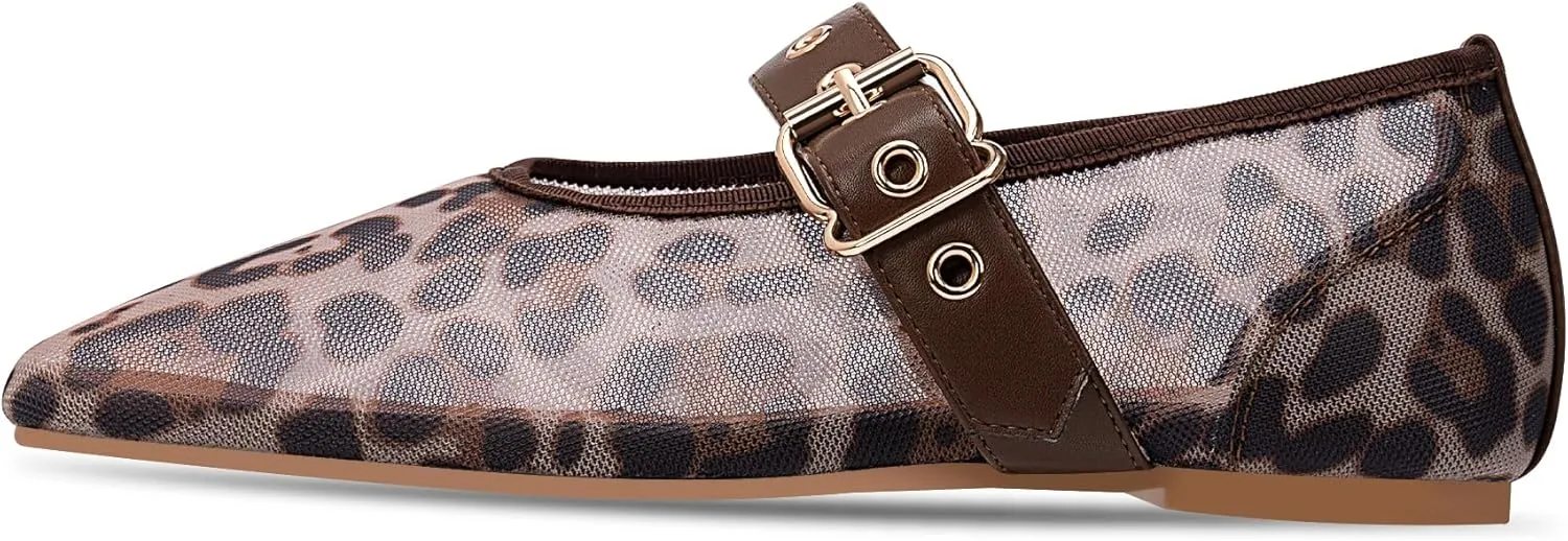 Women's Leopard Mesh Mary Jane Flats Buckle Strap Closed Square Toe Ballet Flats