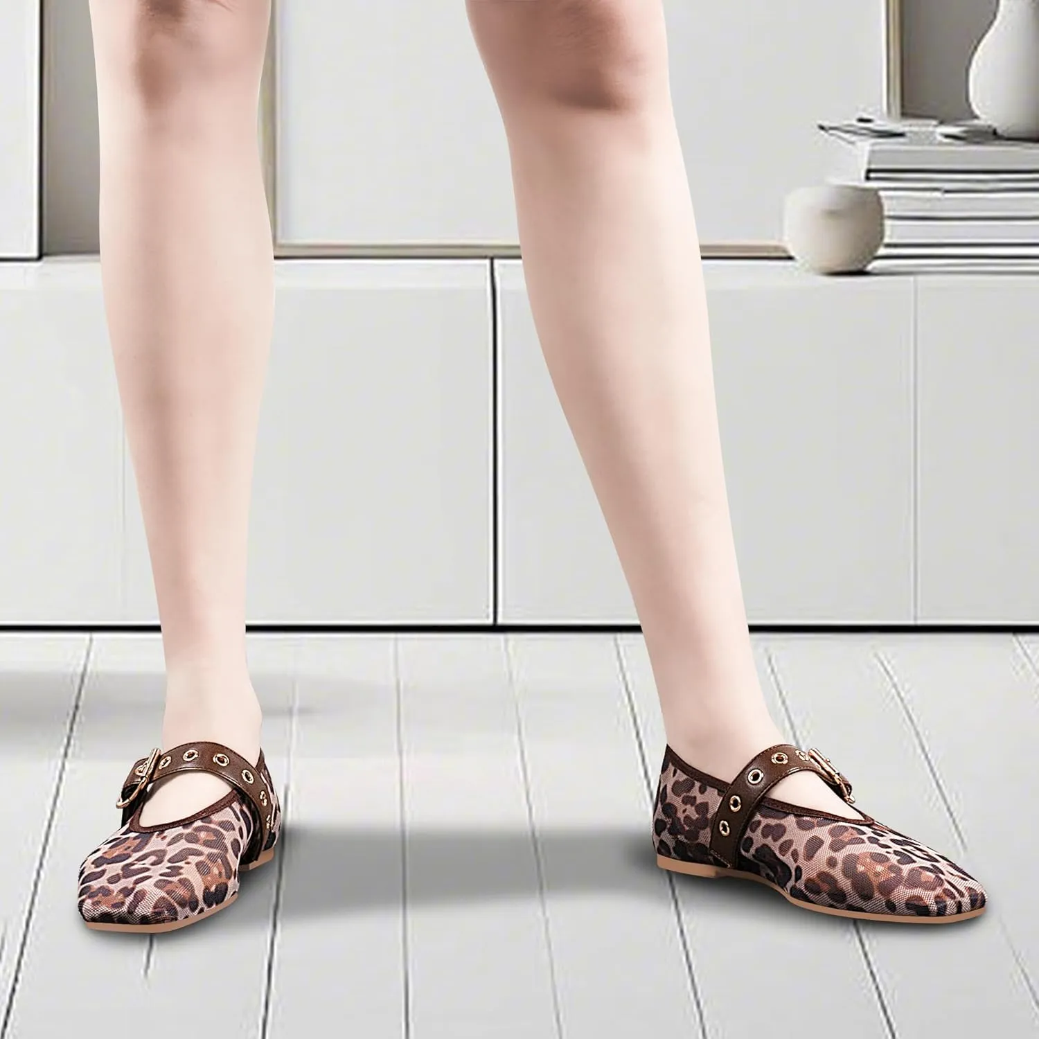 Women's Leopard Mesh Mary Jane Flats Buckle Strap Closed Square Toe Ballet Flats