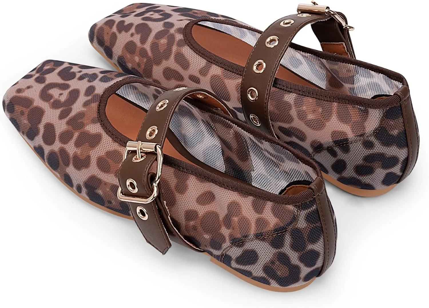 Women's Leopard Mesh Mary Jane Flats Buckle Strap Closed Square Toe Ballet Flats