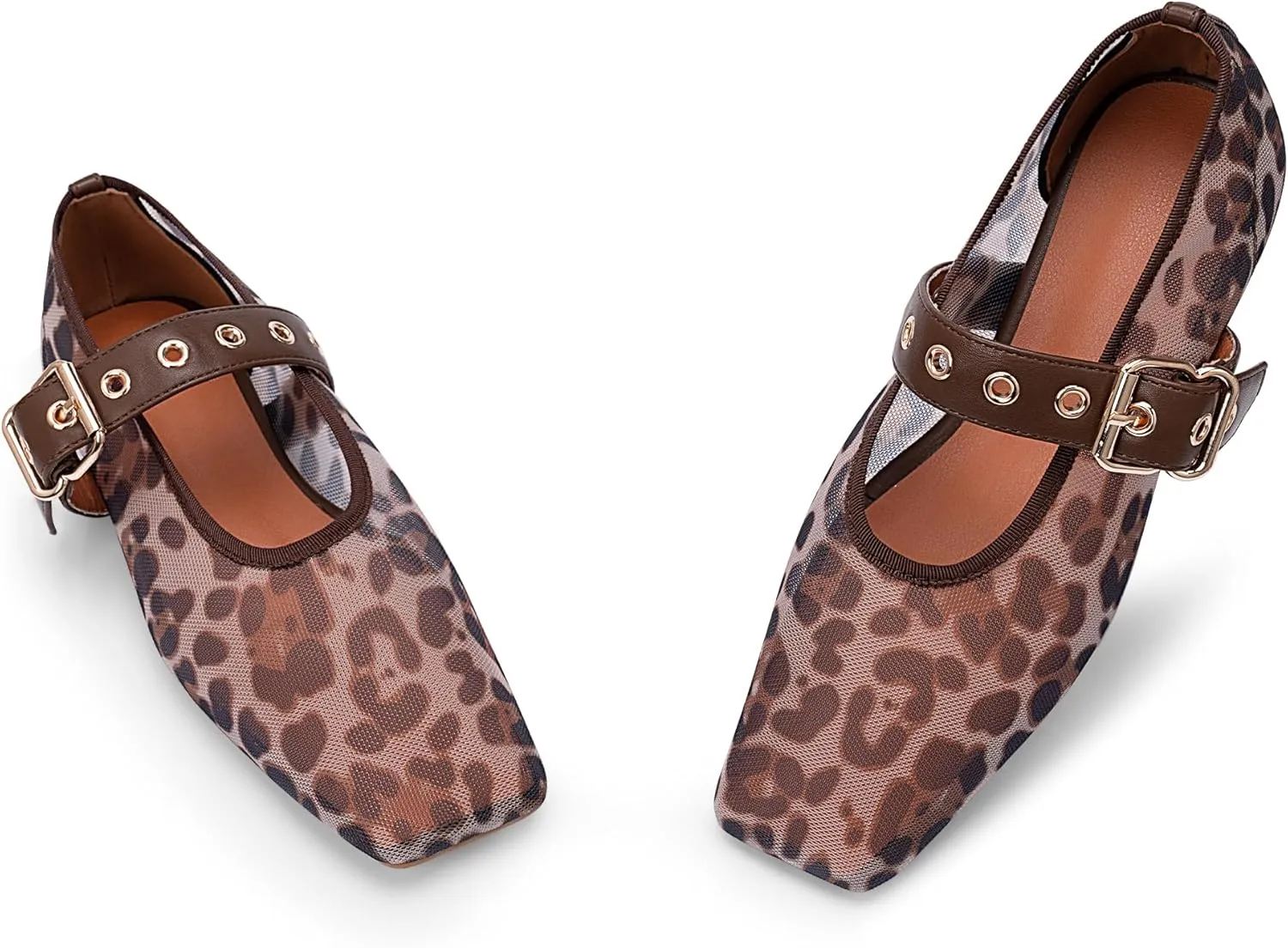 Women's Leopard Mesh Mary Jane Flats Buckle Strap Closed Square Toe Ballet Flats