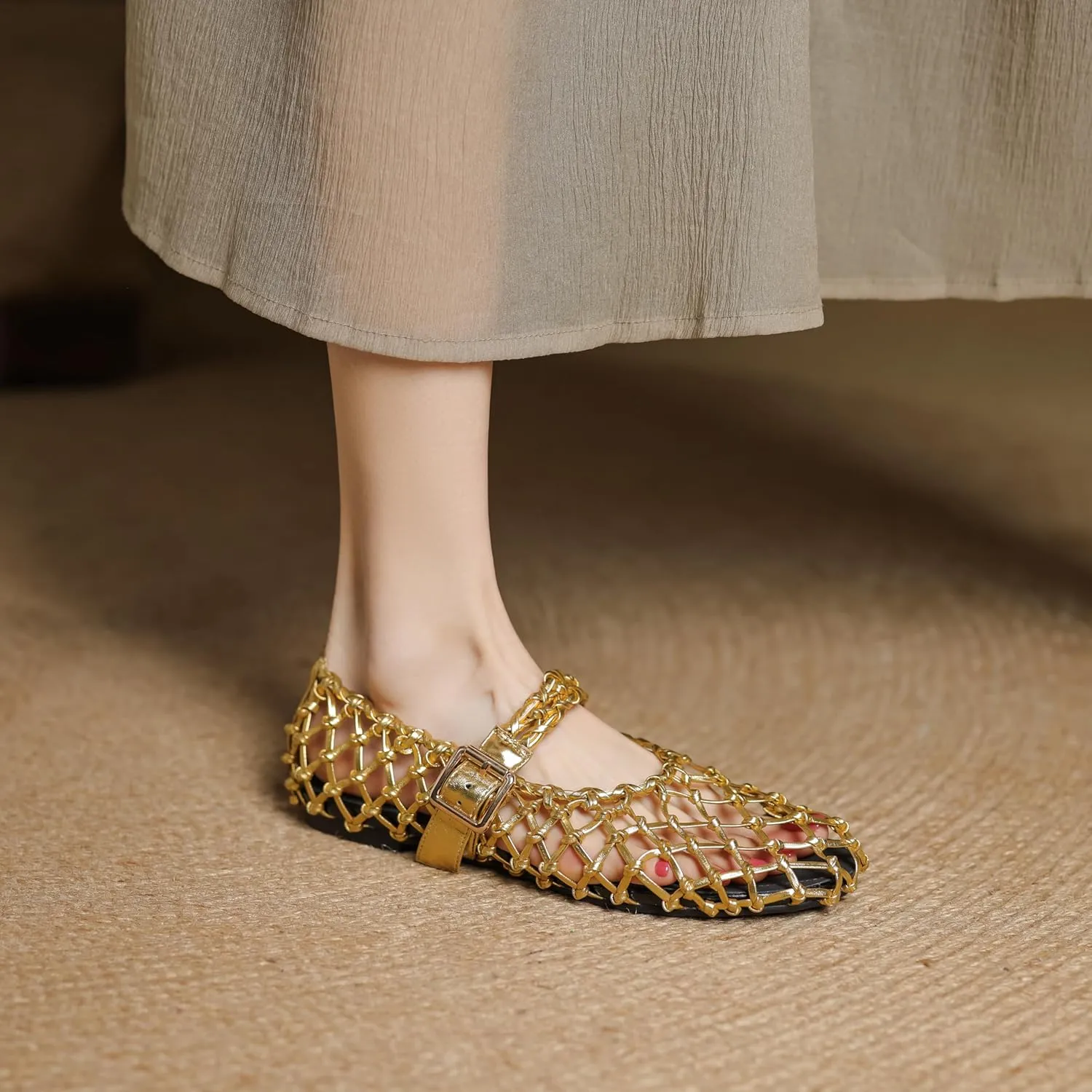 Women's Mesh Ballet Flats Fishnet Ballerina Flats Wide Width Woven Mary Jane