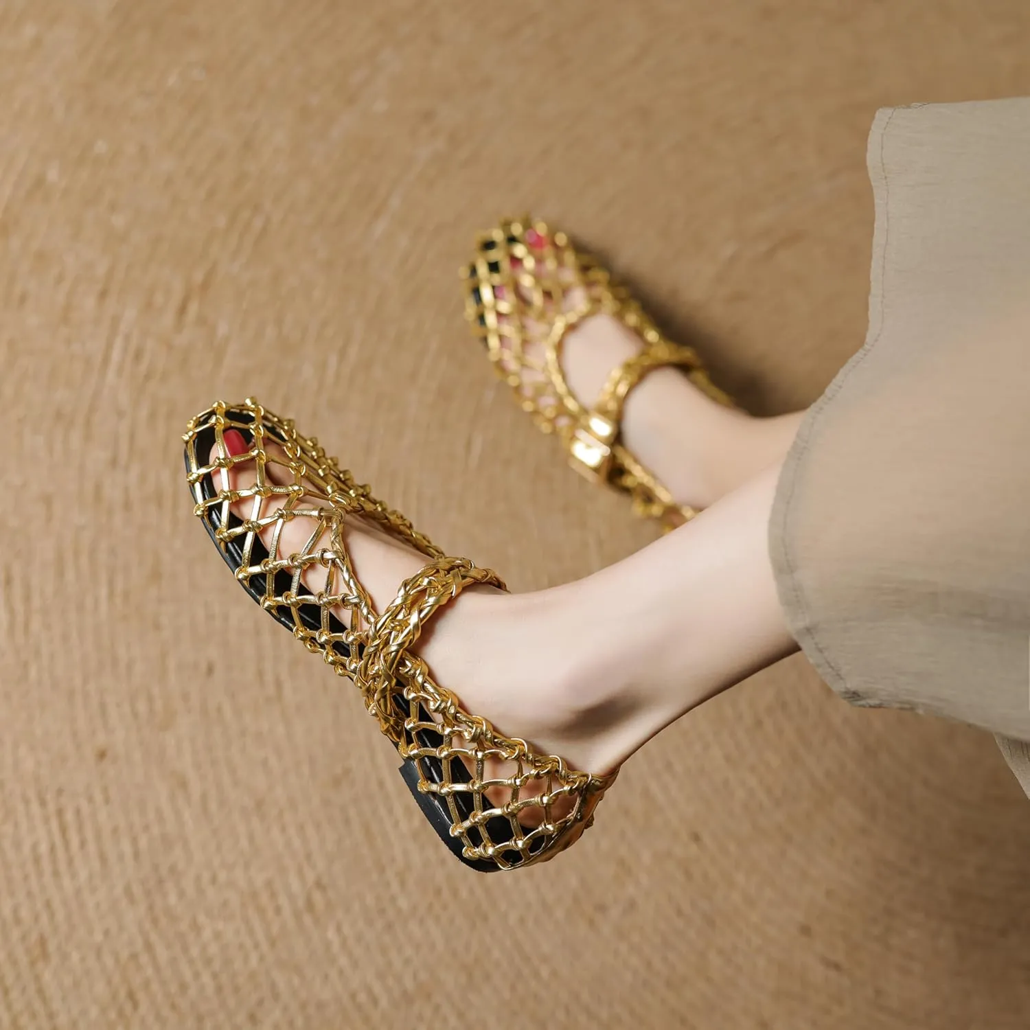 Women's Mesh Ballet Flats Fishnet Ballerina Flats Wide Width Woven Mary Jane