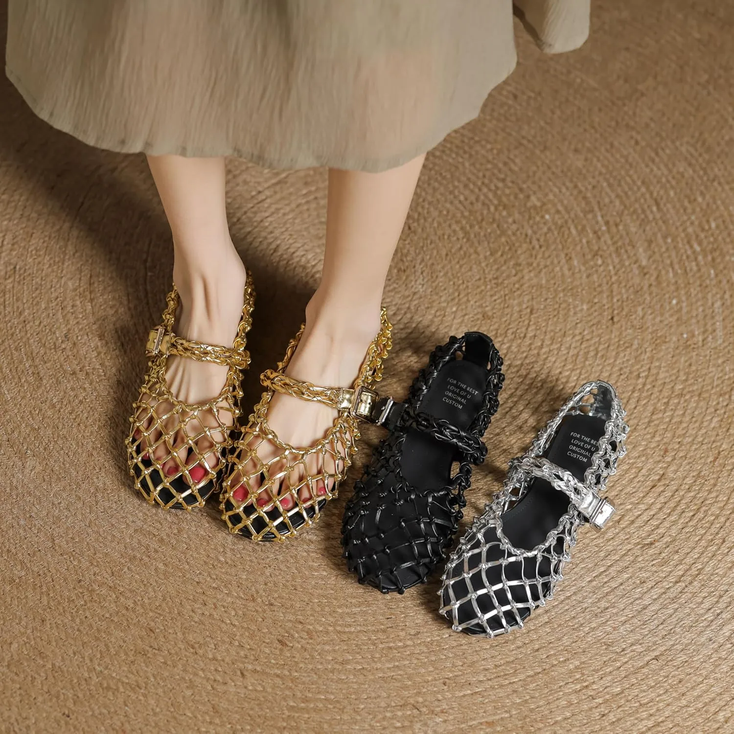 Women's Mesh Ballet Flats Fishnet Ballerina Flats Wide Width Woven Mary Jane